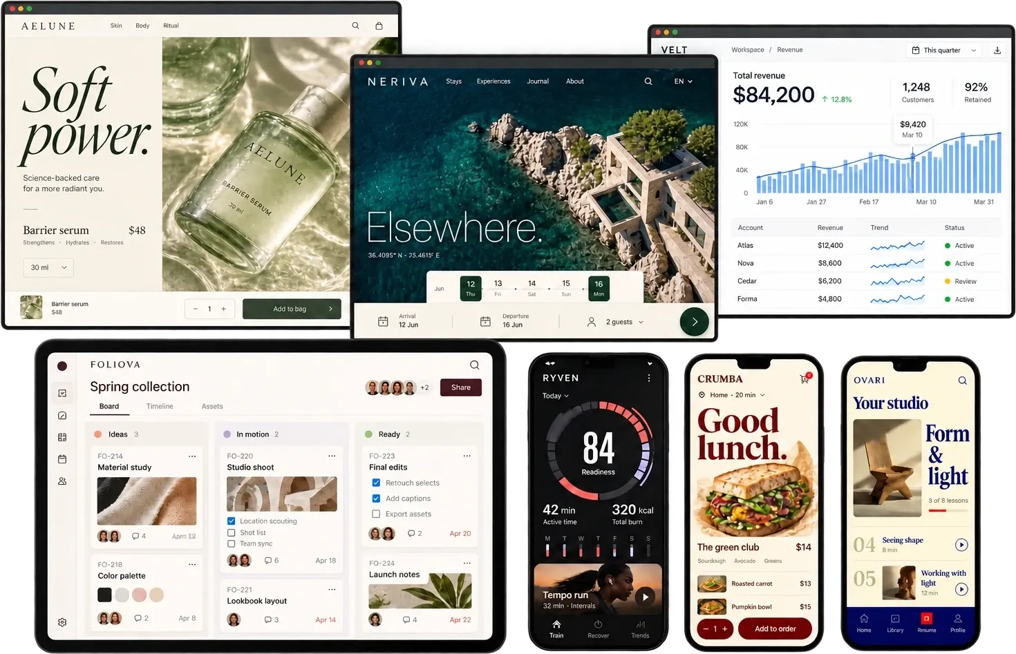 Examples of sites and apps you could describe, each in its own style: a skincare shop, a hotel booking site, a revenue dashboard, a project board, and fitness, food-ordering and online course apps