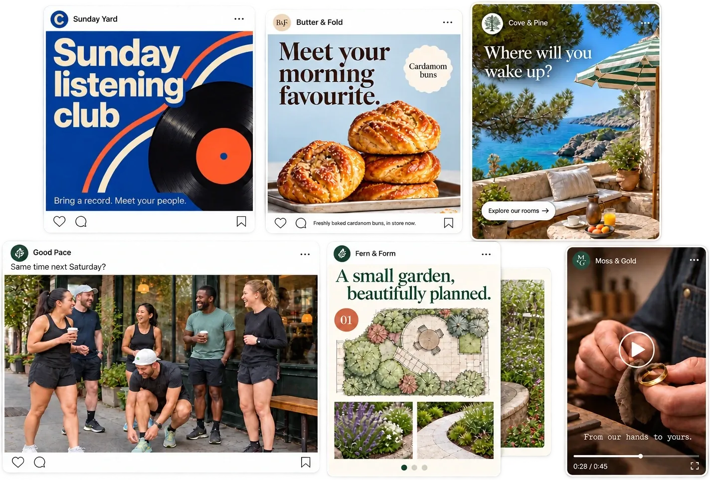 Six example social posts, each for a different made-up small business: a listening club poster, a bakery’s cardamom buns, a seaside hotel, a running club, a garden designer’s carousel and a jeweller’s video